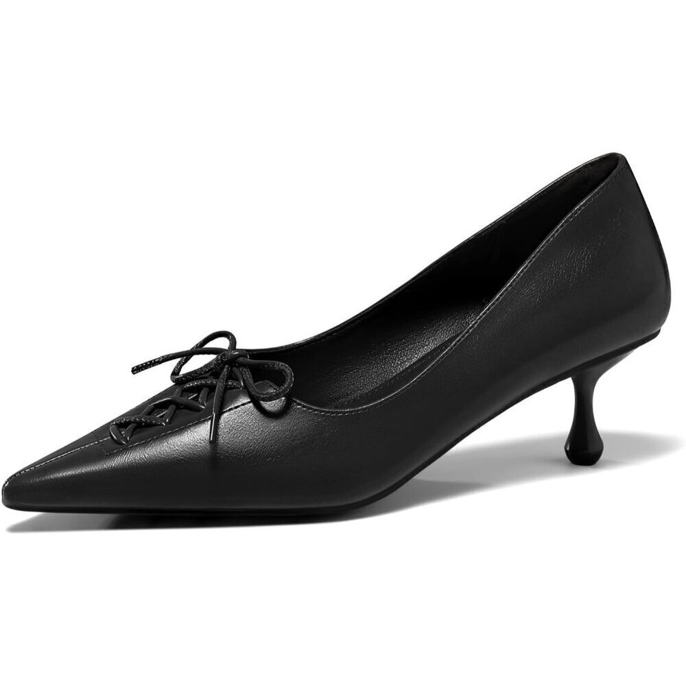 🆕Womens Black Faux Leather Strappy Bow Pointed Toe Slip On Dress Pumps